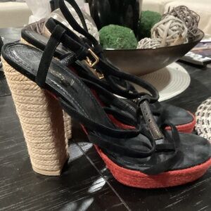 Saint Laurent Black Suede Lace-Up Heels with Red Trim